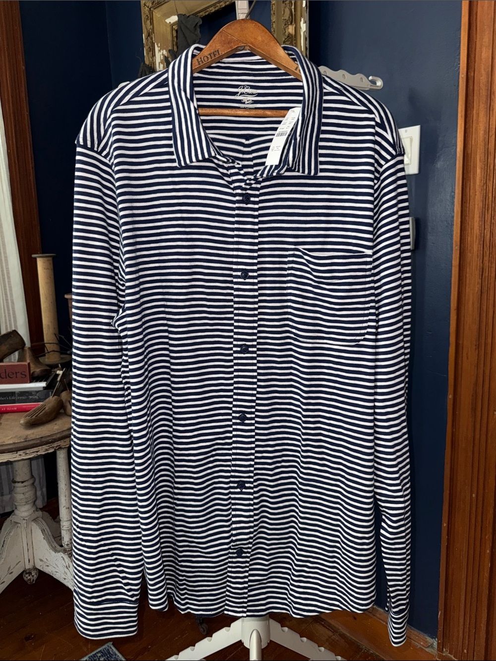 J. Crew Navy and White Striped Men's Button-Down Shirt